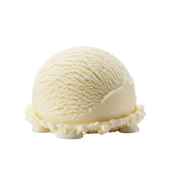 Perfectly spherical creamy vanilla ice cream scoop, rich textured, glistening melty sheen, isolated on bright white background with copy space, high-end dessert advertising concept
