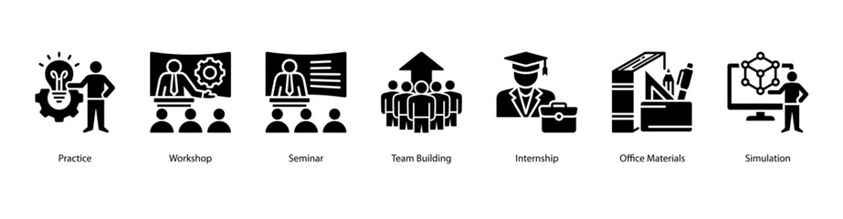 Training Essentials web banner vector illustration featuring Practice, Workshop, Seminar, Team Building, Internship, Office Materials, and Simulation. Perfect for professional education visuals.