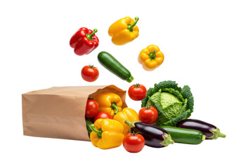 Vibrant bell peppers, ripe tomatoes, crisp cabbage, zucchini spilling from kraft paper grocery bag onto transparent surface, copy space. Concept of natural abundance and healthy eating