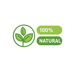A modern green graphic logo with a circular outline and three stylized leaves on the left, "100% NATURAL" in bold white on stacked green rectangles on the right, against a transparent background with