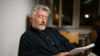 Candid moment of director resting against a wall, eyes closed with subtle smile, script in lap — symbolizing gratitude, personal fulfillment, reflective artistry, and the human emotions