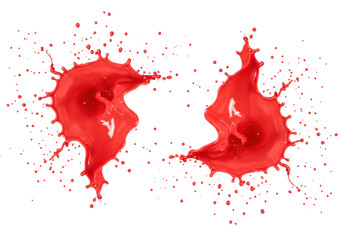 Two vibrant red paint splashes with intricate forms and scattered droplets, frozen mid-air against a transparent studio background with copy space concept of raw power