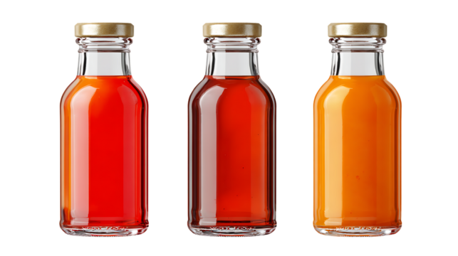 Three bottles of juice isolated on transparent background