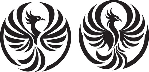 Fototapeta premium Symmetrical black and white stylized phoenix bird emblem design with outstretched wings and flowing feathers within oval frames