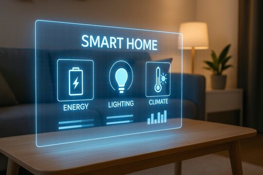 A modern smart home interface displays energy, lighting, and climate controls on a transparent screen. The setting is a cozy living room with a plant and soft lighting. - Powered by Adobe