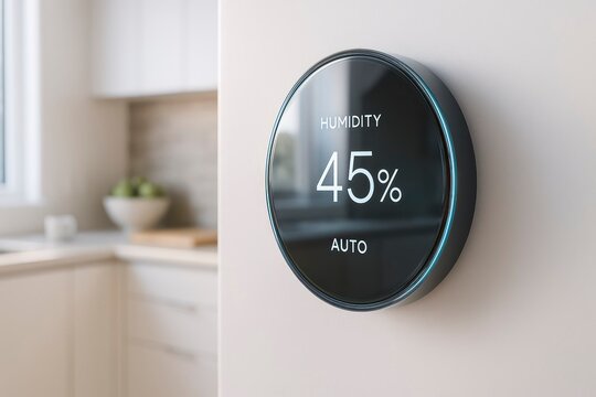 A modern smart home energy system display shows humidity at 45% in a sleek, circular design. The device is mounted on a light-colored wall in a contemporary kitchen.