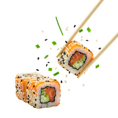 Macro of Japanese Uramaki sushi with salmon, cucumber, sesame seeds, held mid-air by wooden chopsticks on transparent background, concept of dynamic food art
