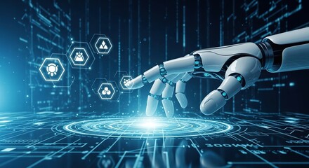 Robotic hand touching glowing digital interface with icons
