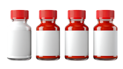 Four small bottles with red caps isolated on transparent background