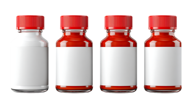 Four small bottles with red caps isolated on transparent background