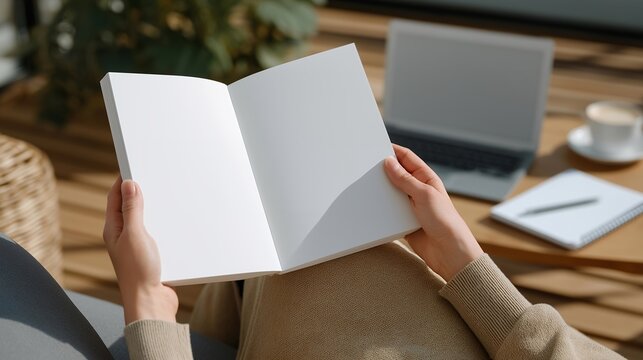 Top-down view of hands holding a blank open white book above coffee table setup with laptop and notepad — concept of creative workspace, author brainstorming, and customizable mockup design.