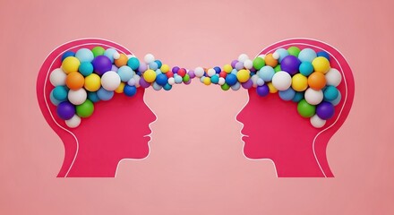 Two stylized heads with colorful balloons connecting them, symbolizing communication