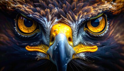 An ultra-detailed front view portrait of a majestic golden eagle, featuring a full symmetrical face centered in the frame to capture its intense and piercing gaze