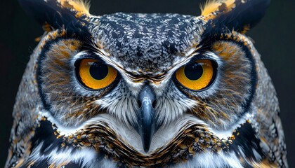 Close-up, detailed portrait of a great horned owl's intense gaze, showcasing its piercing yellow eyes and intricate feather patterns
