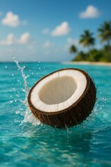 Half coconut splashing in tropical turquoise water photograph.