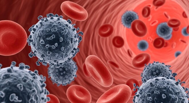 Microscopic view of hiv virus particles and red blood cells in a bloodstream