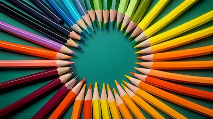 Colorful pencils arranged in circular patterns on a teal background. Bright and engaging setting evokes creativity and artistic spirit. Concept of art supply stores, schools, creative workshops - Powered by Adobe