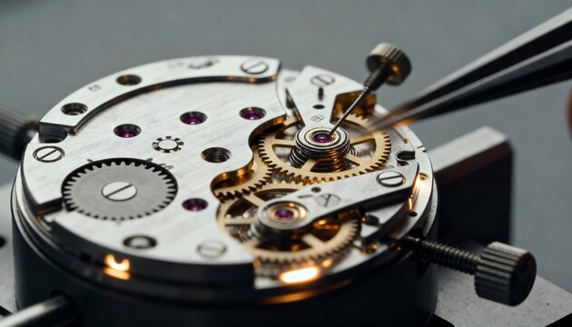 Watchmaker repairing intricate watch mechanism macro photograph.