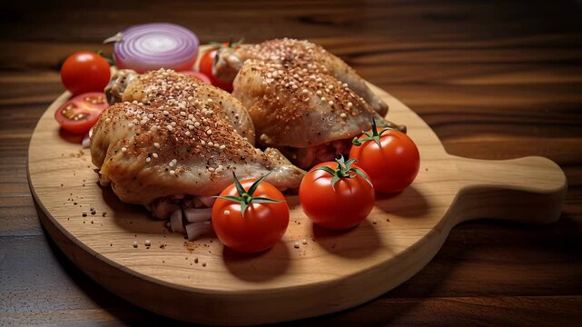 Roasted chicken garnished with spices alongside cherry tomatoes and onions. Warm kitchen setting with wooden table enhances culinary appeal. Concept of restaurants, catering, meal prep