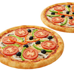 Two gourmet Italian pizzas with golden crust, generous toppings of tomatoes, bell peppers, mushrooms, olives, and melted mozzarella, on a transparent background with copy space. Concept for culinary