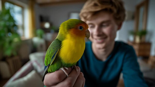 Young man looks at camera while holding colorful lovebird near his face. Bright interior setting with soft natural light. Concept of pet companionship, avian care, animal lovers