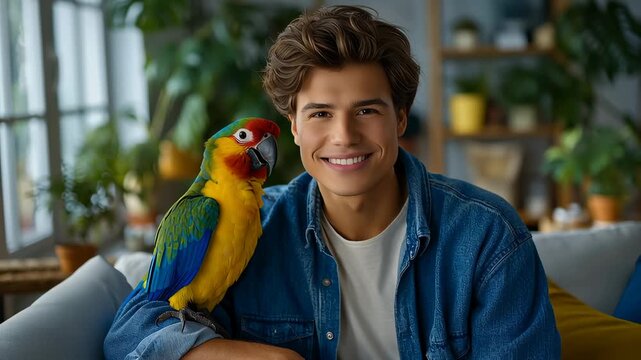 Man smiles while sitting with parrot on shoulder, creating a warm atmosphere. Modern living room filled with plants and natural light. Concept of pet companionship, animal friendship, lifestyle