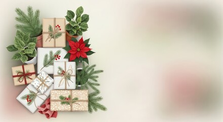 Festive holiday arrangement with gifts, plants, and a poinsettia flower, for greetings