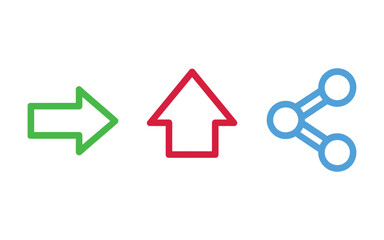 A green arrow points right, followed by a red upward arrow and a blue network share icon on a white background.