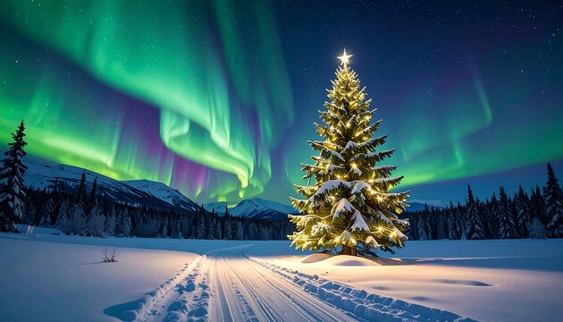 A snow-covered landscape scene features a decorated tree illuminated by warm lights with vibrant green and purple aurora borealis