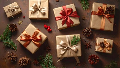 Overhead shot of beautifully wrapped presents with colorful ribbons, arranged with seasonal foliage, pinecones, and star anise