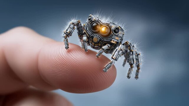 Robotic spider balancing on human fingertip demonstrates intricate design and technology. Close-up setting creates a captivating perspective. Concept of robotics, innovation, engineering