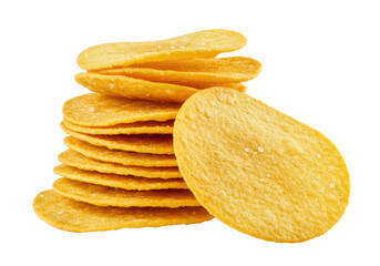 A dynamic stack of golden-yellow, crisp potato chips with salt crystals, isolated on a transparent background with ample copy space, commercial food photography concept