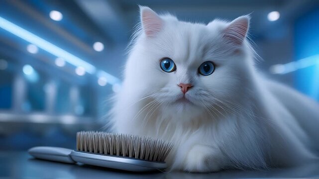 Persian cat enjoys gentle grooming with a brush in a well-lit grooming area. Calm atmosphere enhances pet care experience. Concept of pet grooming, feline health, animal care businesses - Powered by Adobe