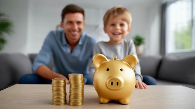 Child adding coins to golden piggy bank while father looks on, creating joyful moment. Bright living room setting with stacks of coins. Concept of finance education, family bonding, personal savings