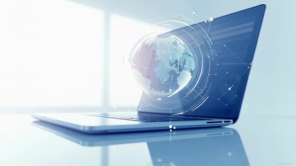 Laptop open with holographic globe displayed on screen, emphasizing digital connection. Bright office atmosphere with natural light enhances technology concept. Business, consulting, tech solutions - Powered by Adobe
