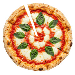 A freshly baked Neapolitan Margherita pizza, pre-sliced, with thick bubbly crust, San Marzano sauce, mozzarella, and fresh basil, on a transparent background, concept for food advertising