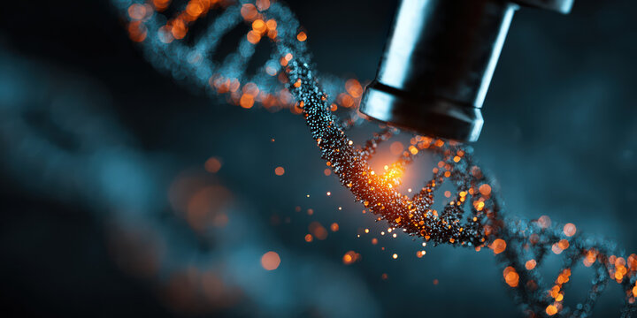 DNA Helix with Nanotech Instrument and Glowing Highlight