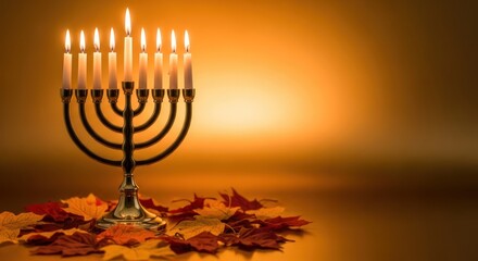 Festive menorah glowing with candles surrounded by autumn leaves ambience