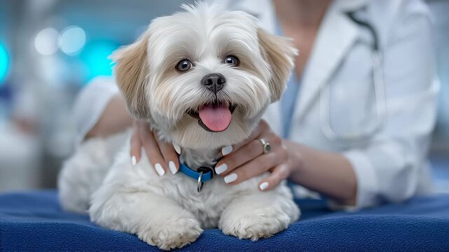 Dog lies on blue table in veterinary clinic, looking at camera with cheerful expression. Clean, modern environment showcases animal health services. Concept of pet care, veterinary, animal services
