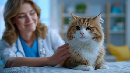 Cat sits calmly while veterinarian gently pets it, showcasing friendly interaction in a modern clinic. Bright colors create a welcoming atmosphere