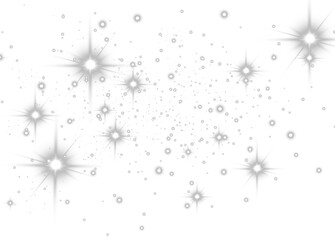 Glowing white sparkles and snowflakes on black background, festive light effect, bright starry winter decoration. © Olga