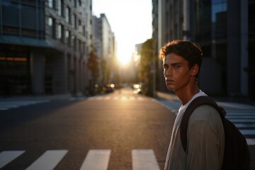 Fototapeta premium A pensive young man pauses at an urban crosswalk, bathed in the warm glow of a setting sun amidst a bustling cityscape.