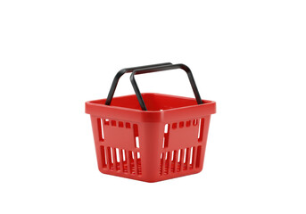 A single, sleek, empty red plastic shopping basket with black curved handles, isolated on a transparent background with ample copy space, professional e-commerce product display concept