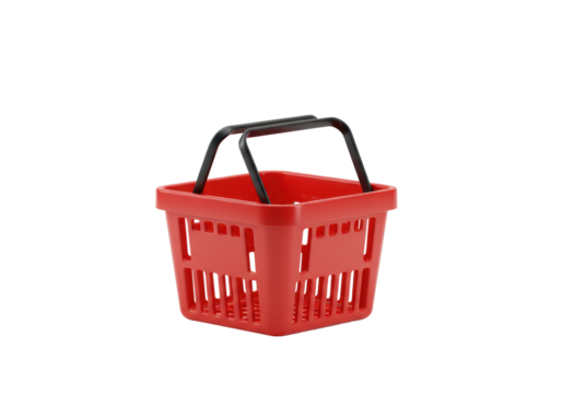 A single, sleek, empty red plastic shopping basket with black curved handles, isolated on a transparent background with ample copy space, professional e-commerce product display concept