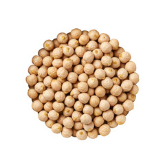 A perfectly round, transparent ceramic bowl filled to the brim with light brown, textured dried chickpeas, centered on a transparent background with copy space, clean minimalist still life concept