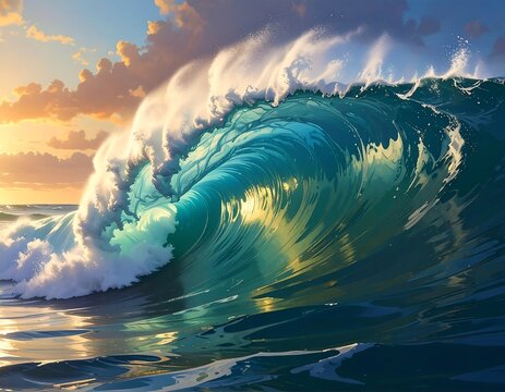 Digitally painted seascape of a powerful, translucent wave cresting with a sunset backdrop. Captures a dynamic ocean scene with light and water interaction