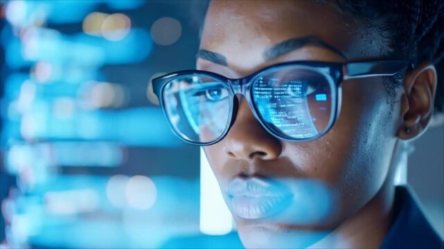 Close up of a person wearing glasses looking at a screen with data displayed indoors