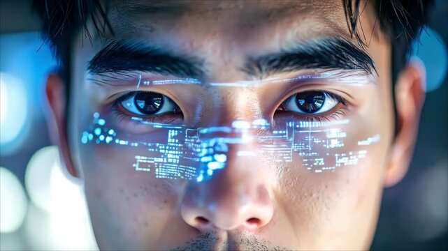 Close up of a person with digital data projected onto their face eye level shot futuristic concept