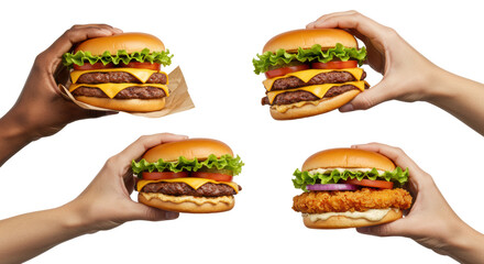 Diverse well-groomed hands elegantly present various gourmet burgers: juicy double, triple beef, crispy fried chicken, on a white studio background with copy space, concept of abundant choice.