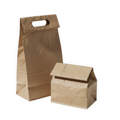 Two empty brown paper bags, one tall with handles, one folded